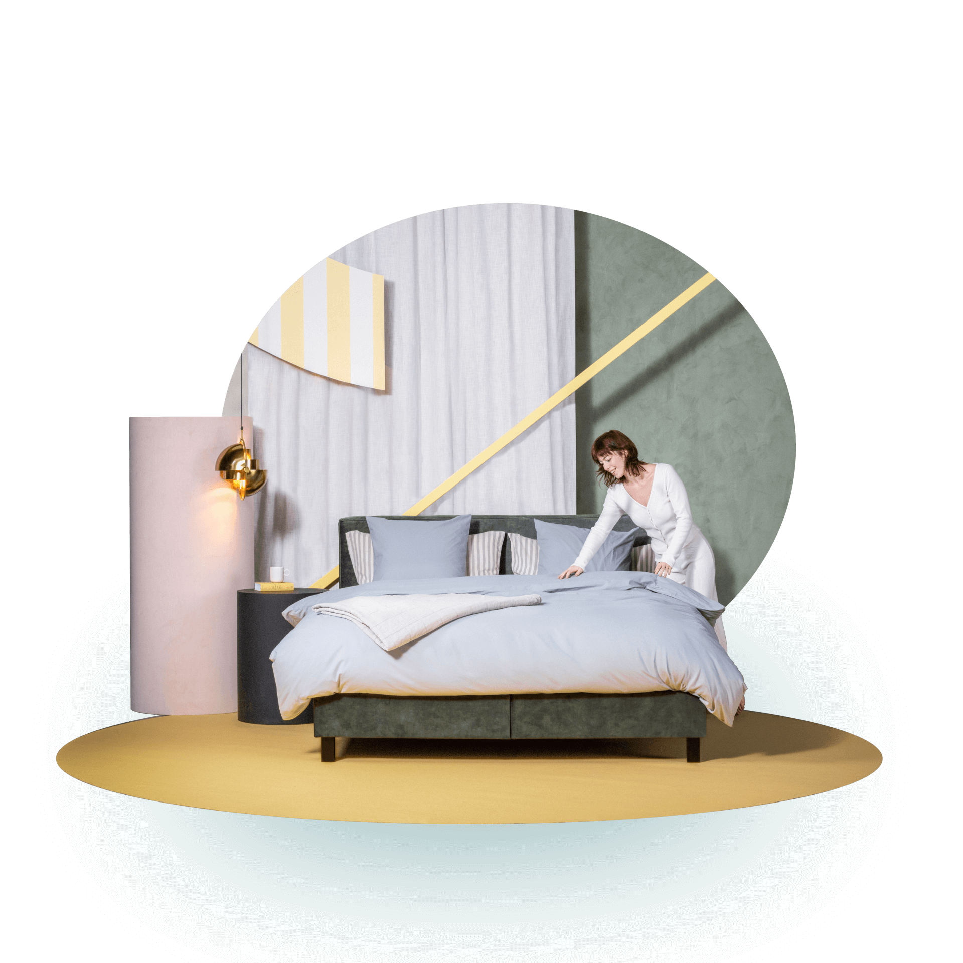 Uitsnijding van een Revor boxspring, in het groen, met lichtblauw beddengoed